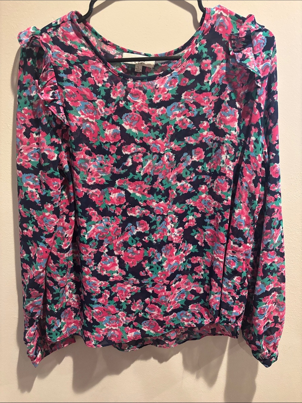Umgee Navy Floral Ruffle Shoulder Blouse with Pink & Green Print